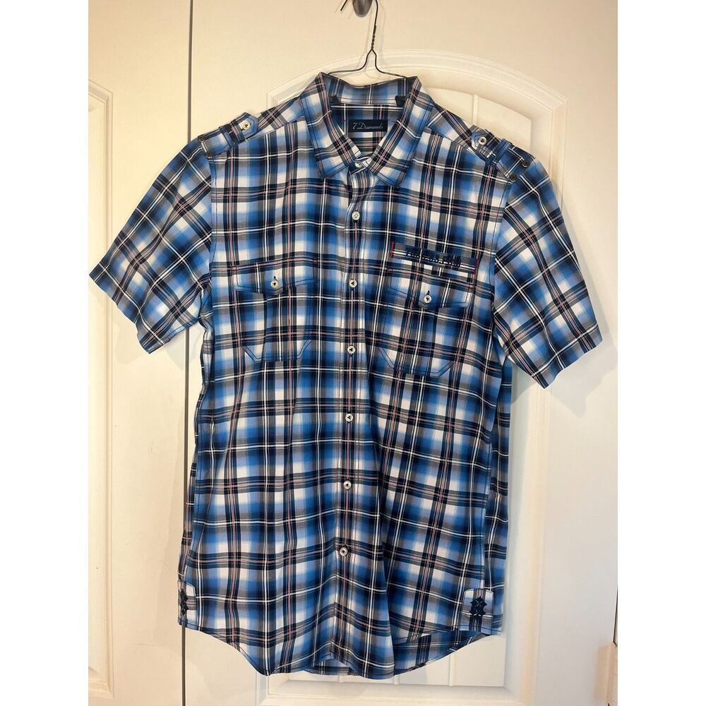7 Diamonds Plaid Short Sleeve Shirt Men's Medium Blue Western Epaulettes
